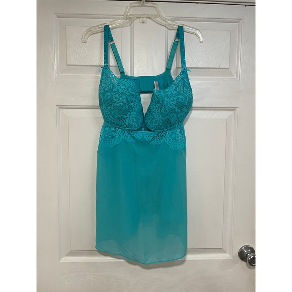 Cacique‎ Underwire Lace Babydoll Lingerie Chemise Negligee Aqua Blue 40DD 40E - Picture 1 of 7